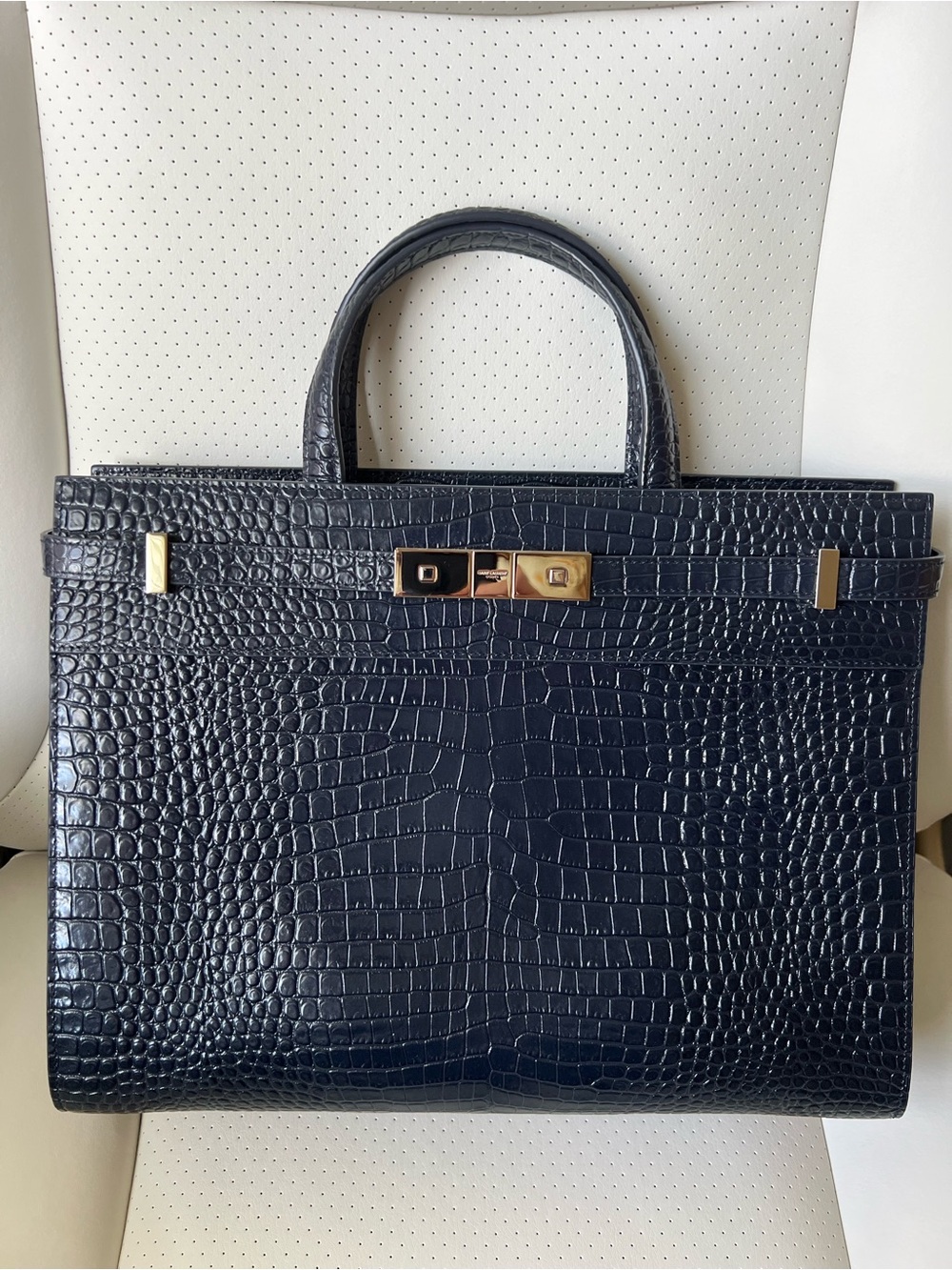 Saint Laurent Sac de Jour Manhattan Croco Embossed Leather Handbag, Deep Marin